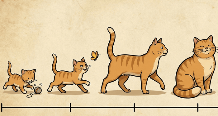 Cat progressing from kitten to senior cat